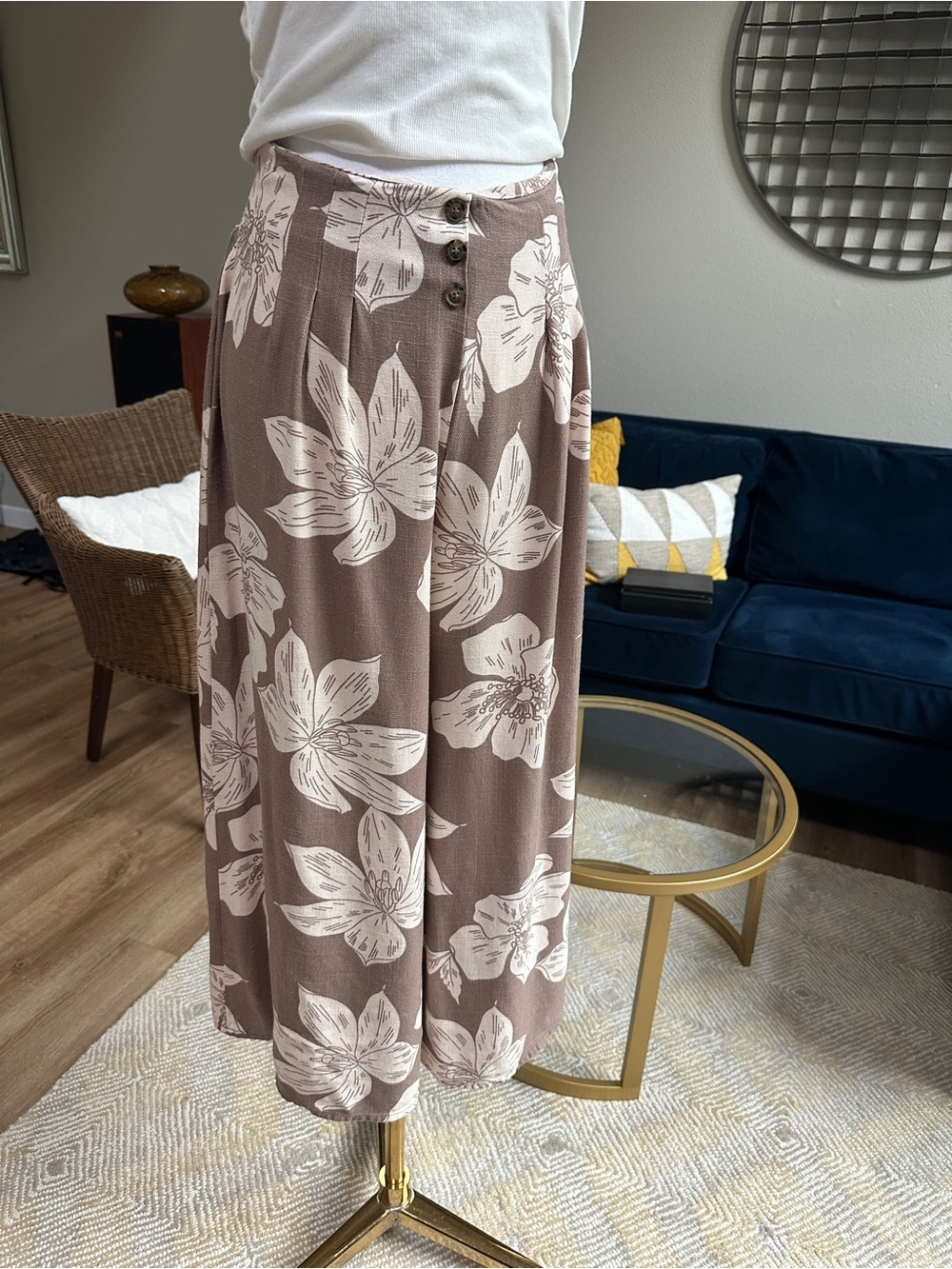 Linen and rayon blend high elastic waisted wide leg cropped palazzo pants